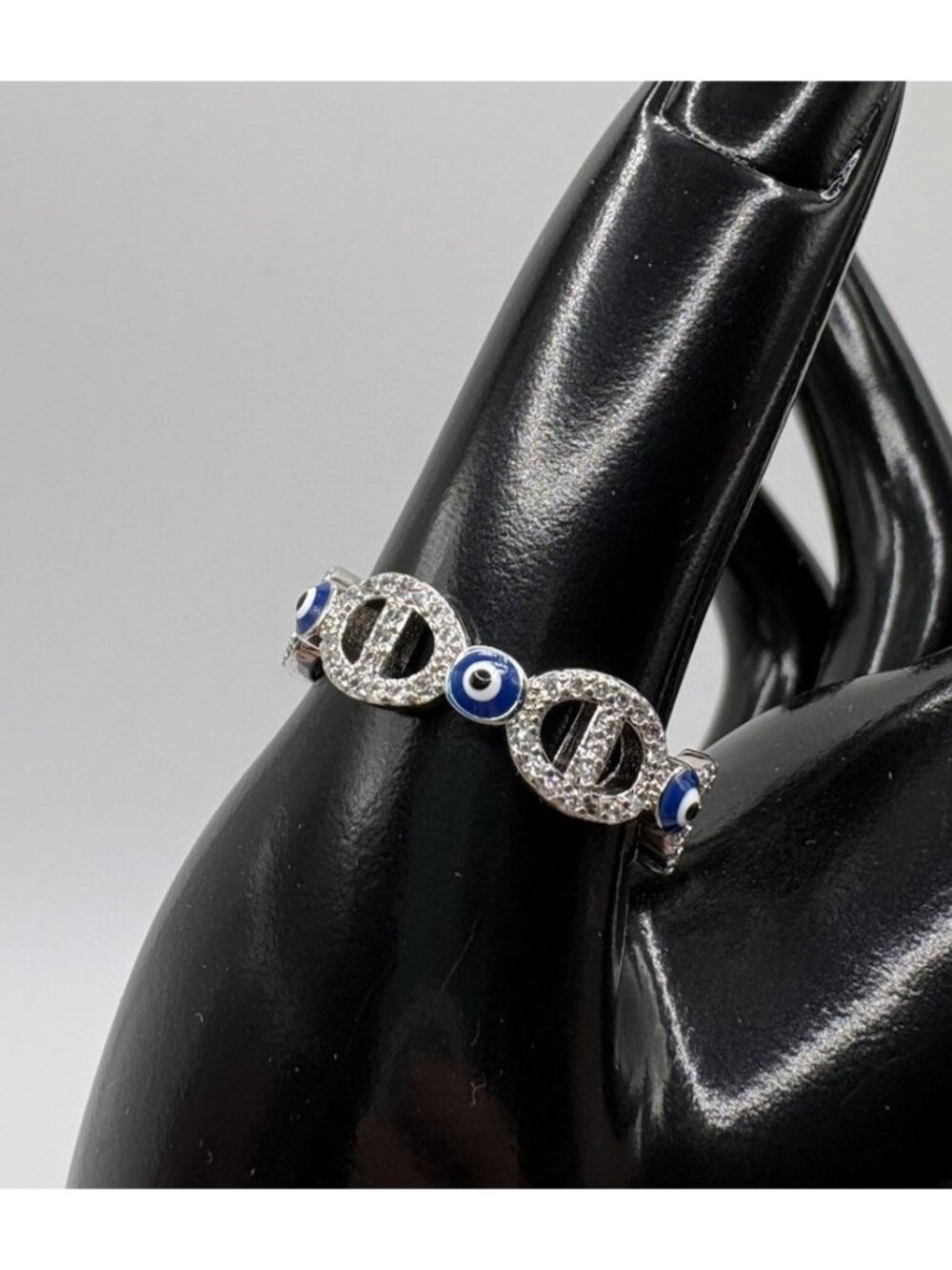 Blue Evil Eye Silver Tone Micro Pave CZ Chain Link Band Ring Size 10 Stack
